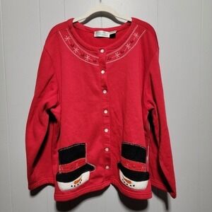 Vintage Shenanigans Red‎ Snowman Applique Button Up Sweatshirt Women's Extra 2X